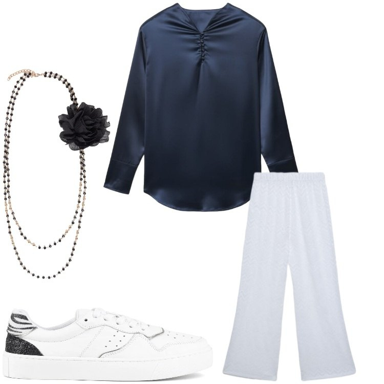 Outfit donna - Basta un fiore. Stile Sporty chic per Tutti i giorni. Abbinamento con pantaloni, bluse, collane, sneakers.