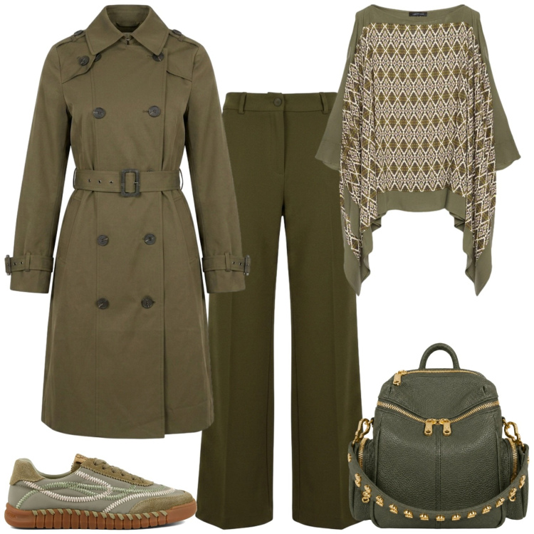 Outfit donna - Casual chic ufficio tempo libero. Stile Casual chic per Tutti i giorni. Abbinamento con bluse, zaini, trench, pantaloni a palazzo, sneakers.