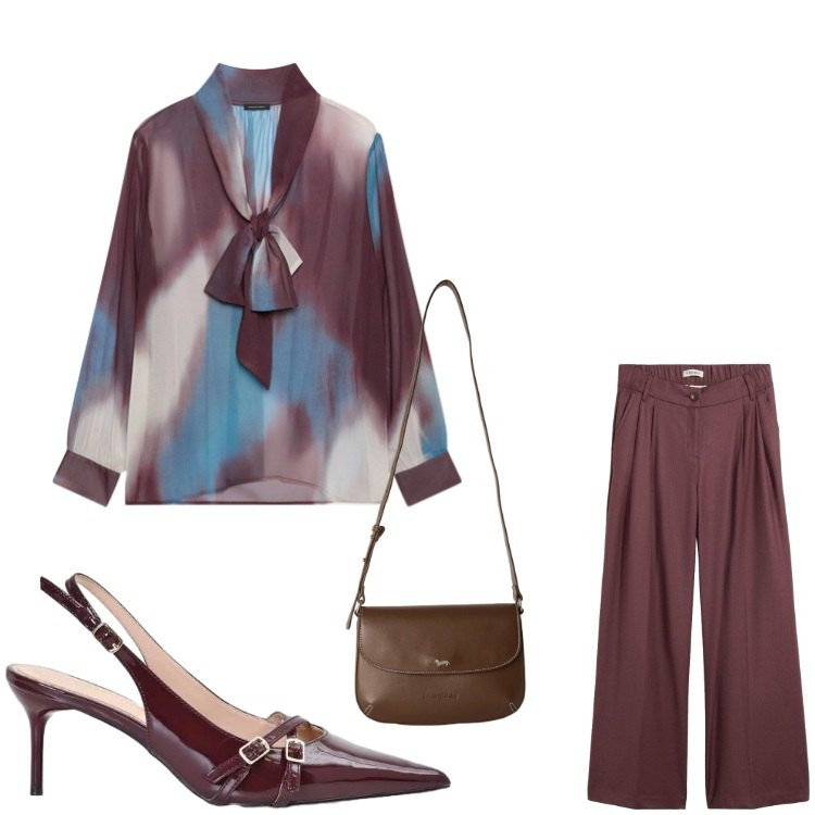Outfit donna - Serata chic. Stile Chic per Serata fuori. Abbinamento con pantaloni, décolleté, borse a tracolla, bluse.