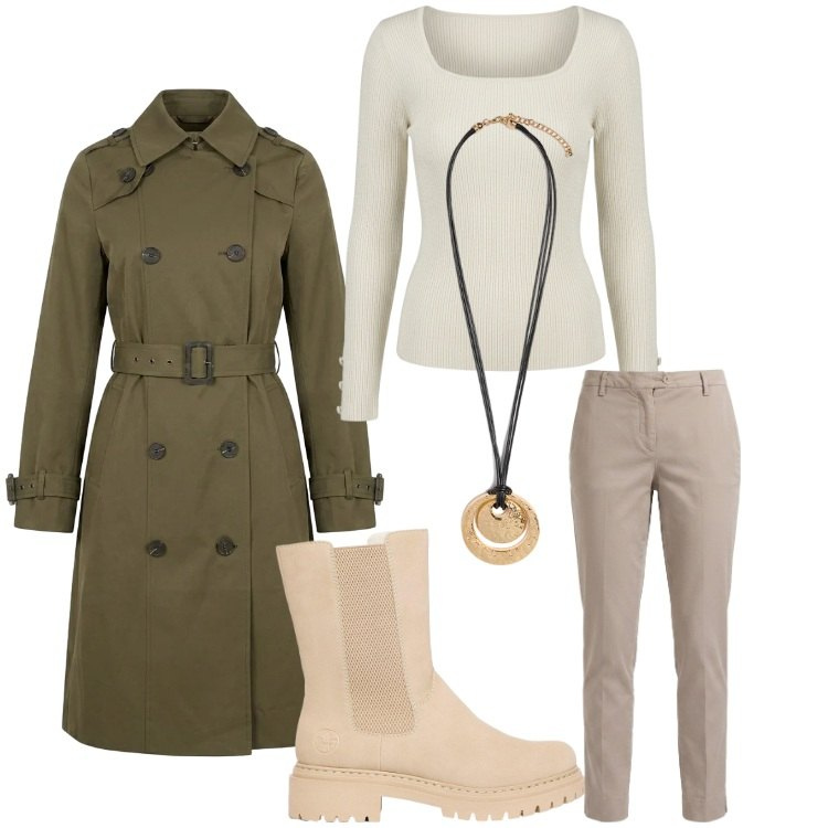 Outfit donna - Speriamo che piova. Stile Casual per Tutti i giorni. Abbinamento con stivaletti, pantaloni, ciondoli, t-shirt, trench.