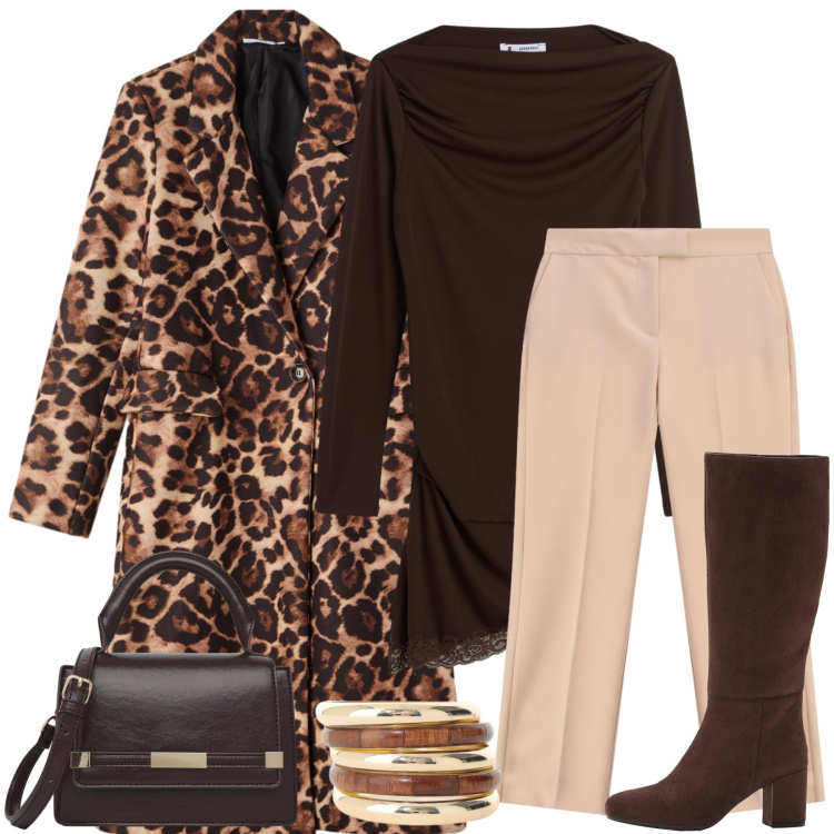 Outfit donna - Animalier. Stile Trendy per Tutti i giorni. Abbinamento con stivali, cappotti, borse a tracolla, t-shirt, pantaloni, braccialetti.