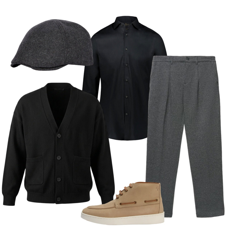 Outfit uomo - Serata informale. Stile Business/Elegante per Serata speciale. Abbinamento con stivali e stivaletti, cardigans, camicie, cappelli e berretti, pantaloni chino.