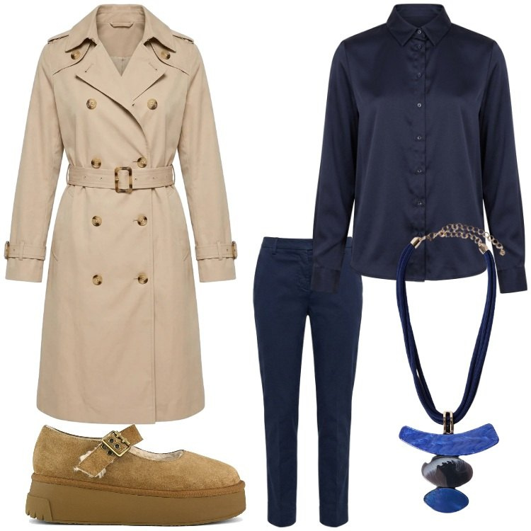 Outfit donna - Sabbia e blu. Stile Casual chic per Ufficio. Abbinamento con pantaloni, ciondoli, trench, camicie, décolleté.