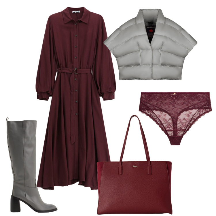 Outfit donna - Stivali e piumino grigi. Stile Glamour per Ufficio. Abbinamento con stivali, perizomi, shopping bag, vestiti chemisier, piumini.