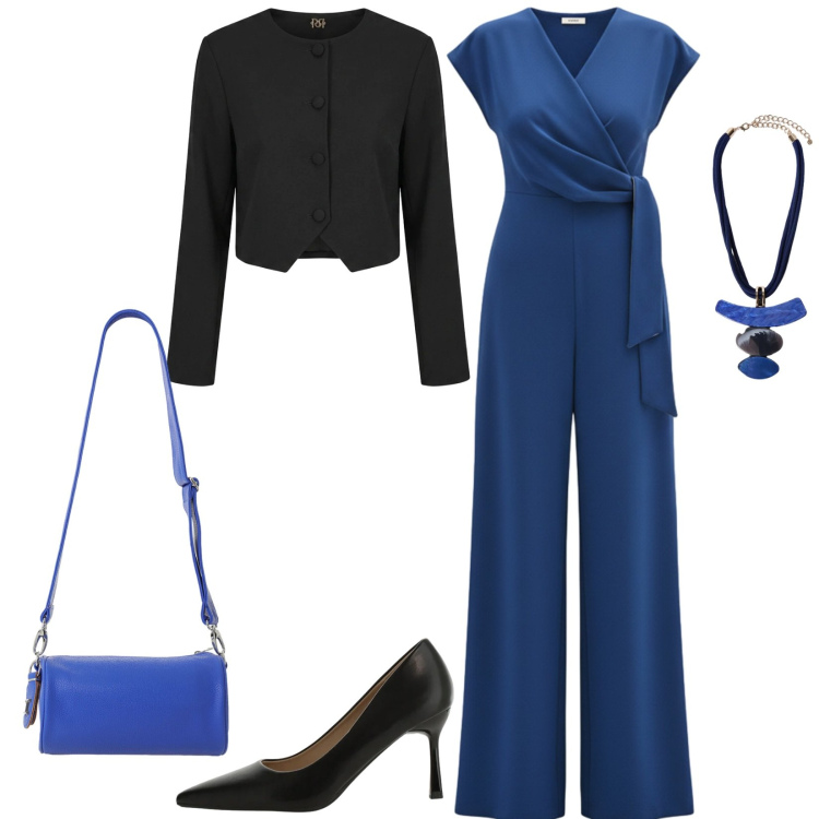 Outfit donna - Cena di lavoro. Stile Chic per Serata fuori. Abbinamento con décolleté, borse a tracolla, tute, blazer, ciondoli.