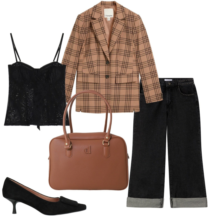 Outfit donna - Serata con gli amici. Stile Glamour per Serata fuori. Abbinamento con décolleté, blazer, jeans dritti, borse a mano, top.