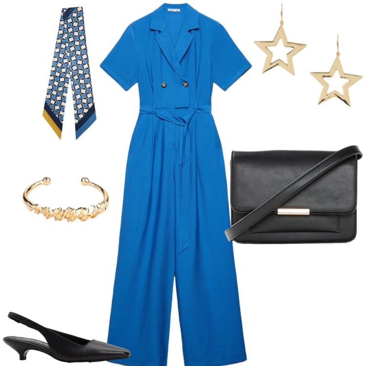 Outfit donna - Total look #2475944. Stile Casual per Ufficio. Abbinamento con décolleté, braccialetti, borse a tracolla, tute, foulard, orecchini.