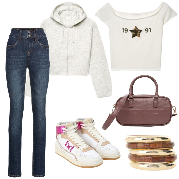 Outfit donna - Weekend in città. Stile Casual chic per Tutti i giorni. Abbinamento con jeans slim fit, borse a tracolla, t-shirt, cardigans, sneakers alte, braccialetti.