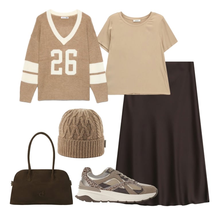 Outfit donna - Cammello e cioccolato. Stile Sporty chic per Tutti i giorni. Abbinamento con t-shirt sportive, sneakers, gonne longuette, borse a spalla, t-shirt, berretti.