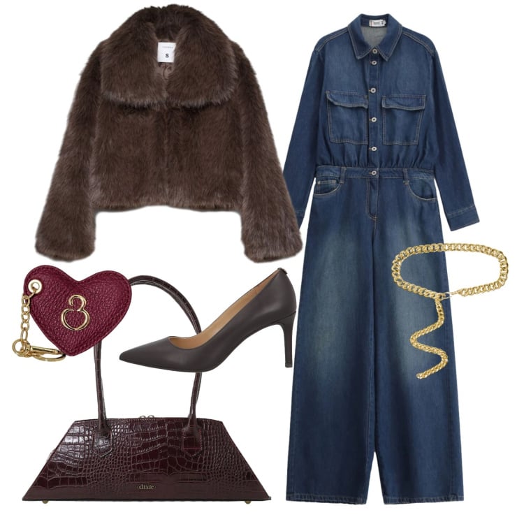 Outfit donna - Pellicciotto e jumpsuit di jeans. Stile Glamour per Serata fuori. Abbinamento con décolleté, blazer, tute, borse a spalla, cinture, portachiavi.