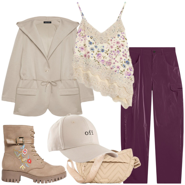 Outfit donna - Passeggiata tra i borghi storici. Stile Basic per Tutti i giorni. Abbinamento con cappelli con visiera, marsupi, stivaletti, pantaloni cargo, top, felpe con cappuccio.
