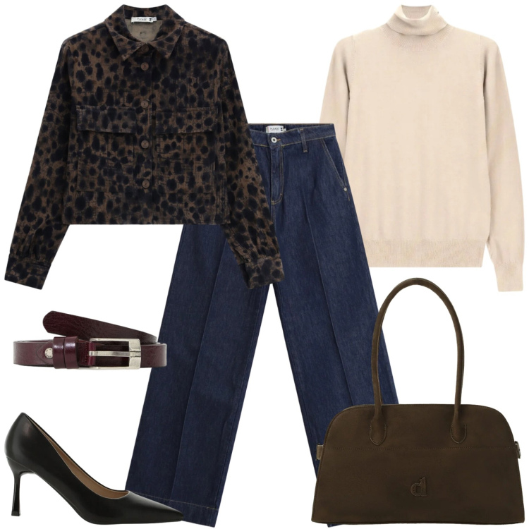 Outfit donna - Please - FW26. Stile Urban per Ufficio. Abbinamento con décolleté, pullovers, cappotti, jeans dritti, borse a spalla, cinture.