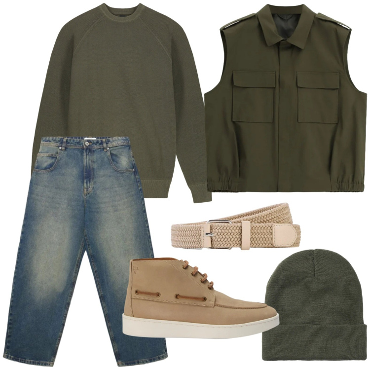 Outfit uomo - Weekend autunnale. Stile Casual per Tutti i giorni. Abbinamento con stivali e stivaletti, gilet, maglieria, berretti, jeans, cinture.