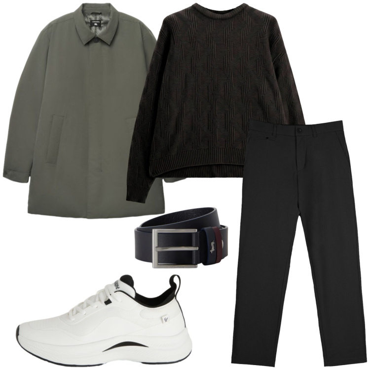 Outfit uomo - Layering urbano leggero. Stile Casual per Tutti i giorni. Abbinamento con cinture, maglieria, sneakers, pantaloni chino, trench.