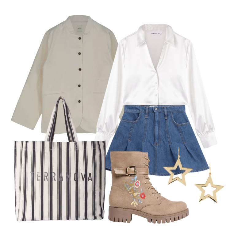 Outfit donna - Settembre. Stile Trendy per Tutti i giorni. Abbinamento con stivaletti, giacche, camicie, shopping bag, minigonne, orecchini.
