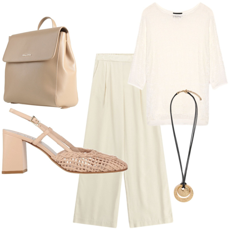 Outfit donna - La maglia in pizzo. Stile Casual per Tutti i giorni. Abbinamento con zaini, décolleté, pantaloni a palazzo, maglieria, ciondoli.