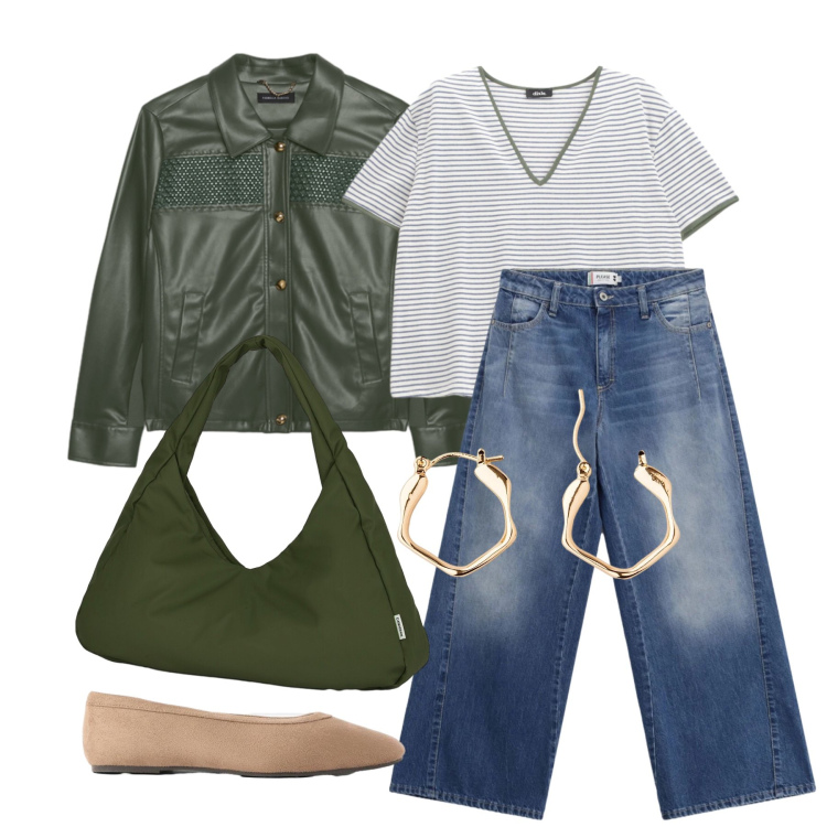 Outfit donna - Settembre. Stile Casual per Tutti i giorni. Abbinamento con orecchini, ballerine, jeans, t-shirt, borse a spalla, blazer.