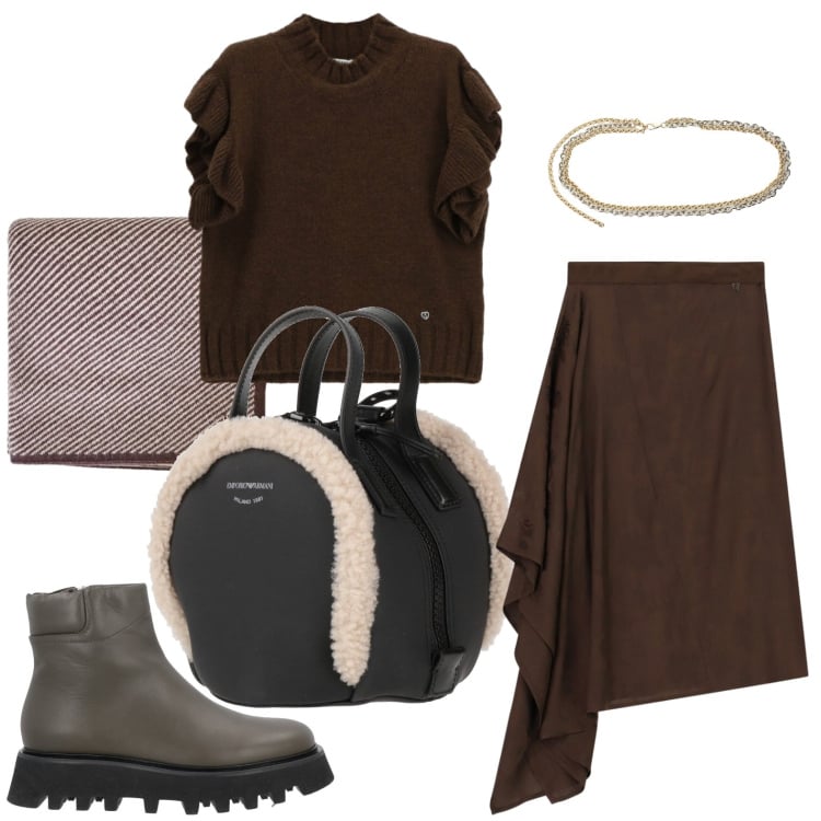Outfit donna - Sfumature Cammello e Cioccolato. Stile Casual per Tutti i giorni. Abbinamento con zaini, stivaletti, maglieria, gonne longuette, cinture, sciarpe.
