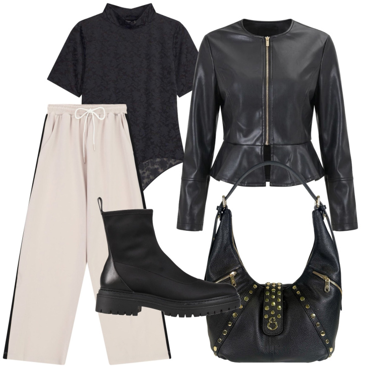 Outfit donna - Settembre. Stile Casual chic per Tutti i giorni. Abbinamento con stivaletti, body, pantaloni a palazzo, giacche, borse a spalla.