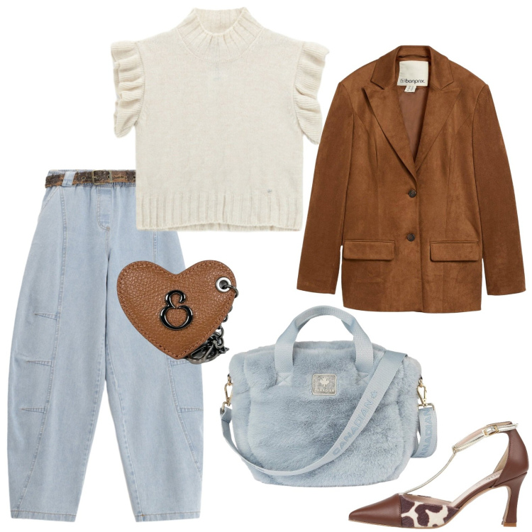 Outfit donna - Un delicato grigio-azzurro. Stile Trendy per Tutti i giorni. Abbinamento con décolleté, blazer, maglieria, jeans, borse tote, portachiavi.