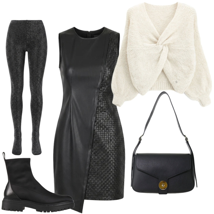 Outfit donna - Total look #2475996. Stile Rock per Serata fuori. Abbinamento con stivaletti, borse a spalla, maglieria, vestiti asimmetrici, collant.