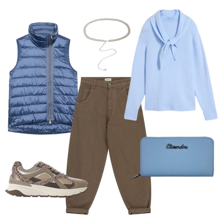 Outfit donna - Domenica pomeriggio allo stadio. Stile Basic per Tutti i giorni. Abbinamento con maglieria, sneakers, pantaloni, piumini, cinture, portafogli.