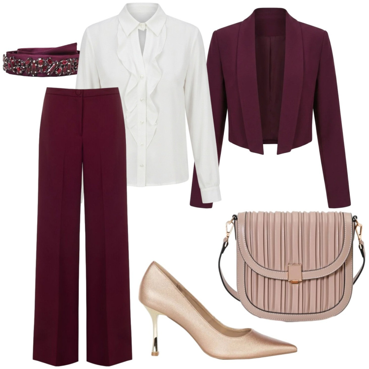 Outfit donna - Festa di laurea. Stile Bon Ton per Cerimonia. Abbinamento con camicie, cinture, borse a tracolla, blazer, pantaloni a palazzo, décolleté.