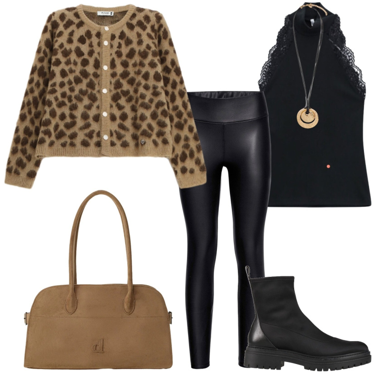 Outfit donna - La borsa cognac per l\'autunno. Stile Casual per Tutti i giorni. Abbinamento con stivaletti, treggings, top, cardigans, borse a spalla, ciondoli.