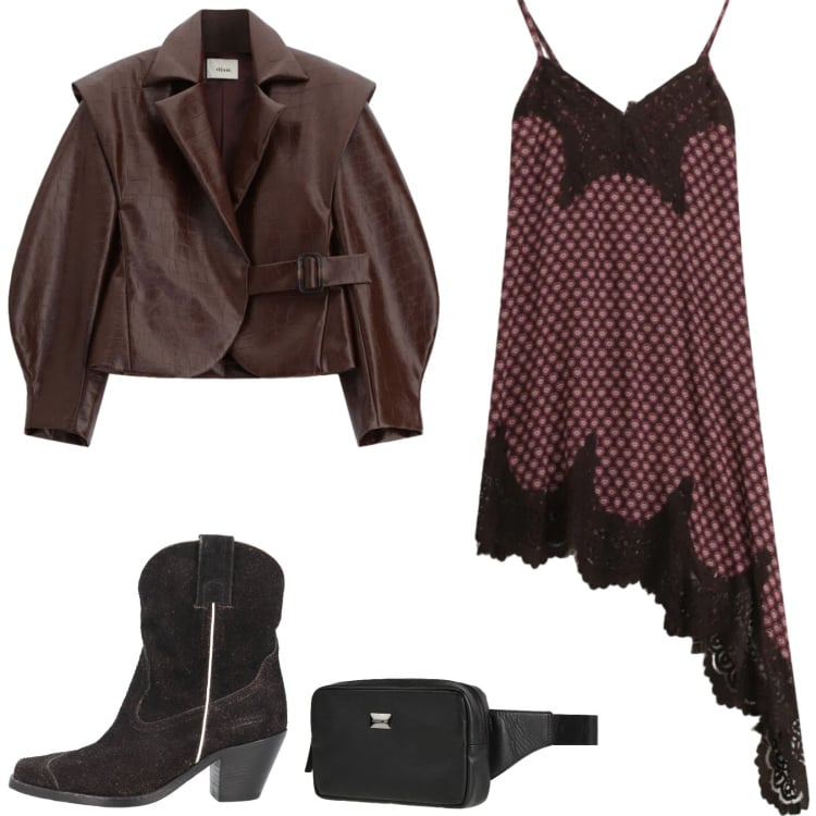 Outfit donna - Total look #2476002. Stile Trendy per Serata fuori. Abbinamento con marsupi, stivaletti texani, bomber, vestiti asimmetrici.