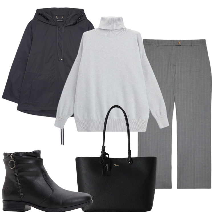 Outfit donna - La giornata fredda. Stile Urban per Tutti i giorni. Abbinamento con stivaletti, shopping bag, pullovers, cappotti, pantaloni.