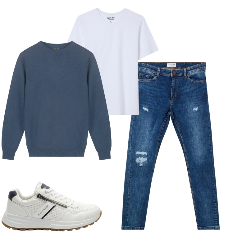 Outfit uomo - City. Stile Casual per Tutti i giorni. Abbinamento con maglieria, jeans strappati, t-shirt, sneakers.
