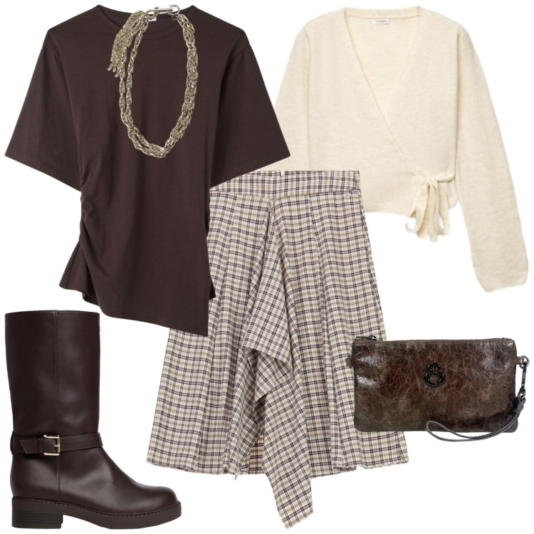 Outfit donna - Total look #2476015. Stile Casual chic per Tutti i giorni. Abbinamento con stivali, t-shirt, cardigans, gonne longuette, collane, pochette.