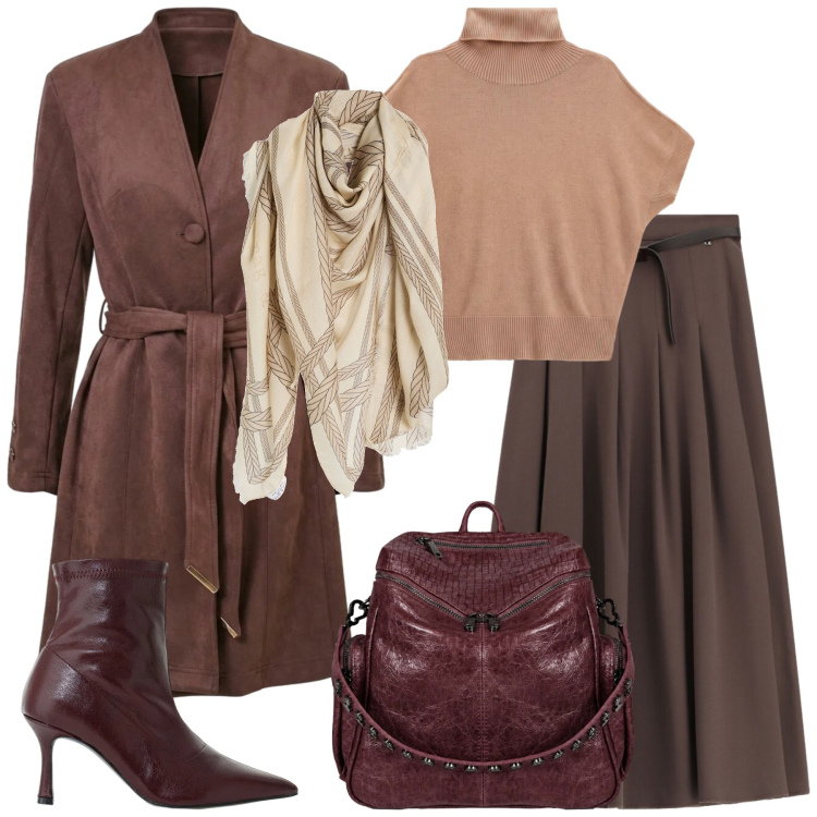 Outfit donna - Cammello, sabbia e cioccolato. Stile Chic per Serata fuori. Abbinamento con sciarpe, stivaletti, t-shirt, gonne lunghe, trench, zaini.