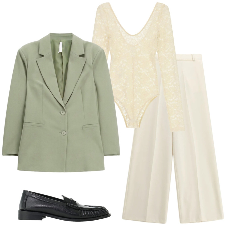 Outfit donna - Sono tornata!. Stile Mannish per Ufficio. Abbinamento con blazer, mocassini, pantaloni a palazzo, body.