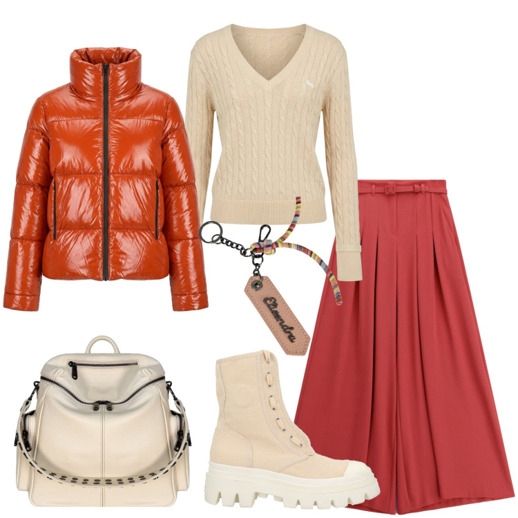 Outfit donna - Il pantapalazzo color aragosta. Stile Trendy per Tutti i giorni. Abbinamento con stivaletti, pullovers, pantaloni a palazzo, piumini, zaini, portachiavi.