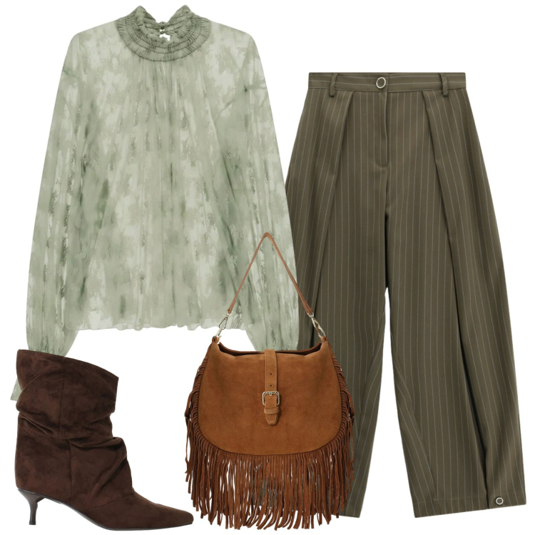 Outfit donna - Un po\' western. Stile Trendy per Serata fuori. Abbinamento con pantaloni a palazzo, bluse, stivali, borse a spalla.