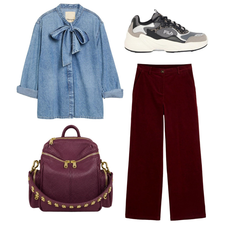 Outfit donna - La camicia con il fiocco. Stile Basic per Tutti i giorni. Abbinamento con pantaloni, camicie, sneakers, zaini.