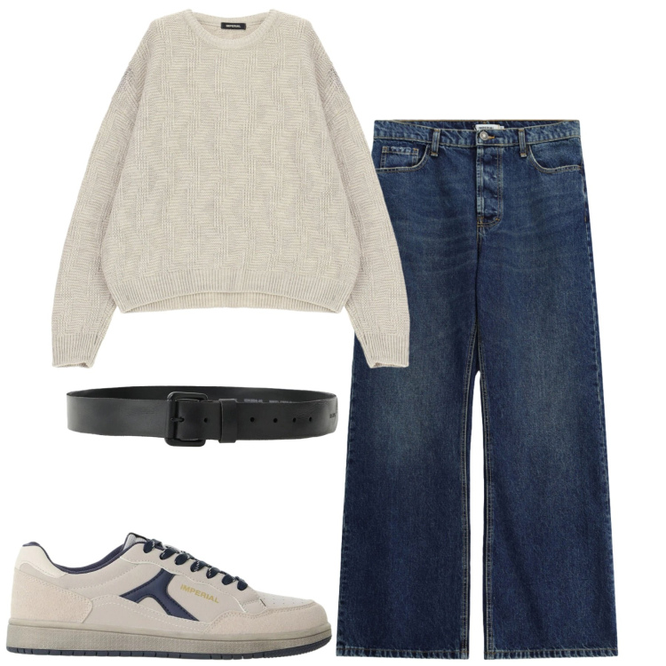 Outfit uomo - City. Stile Casual per Tutti i giorni. Abbinamento con jeans, sneakers, cinture, maglieria.