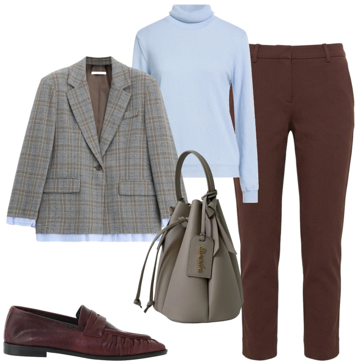 Outfit donna - City. Stile Urban per Tutti i giorni. Abbinamento con maglieria, pantaloni, blazer, mocassini, borse a secchiello.