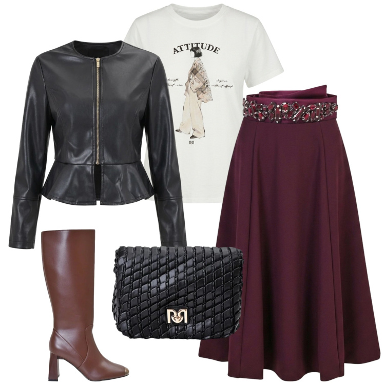 Outfit donna - Rinascimento. Stile Urban per Tutti i giorni. Abbinamento con gonne lunghe, cinture, giacche, borse a tracolla, stivali sopra il ginocchio, t-shirt.