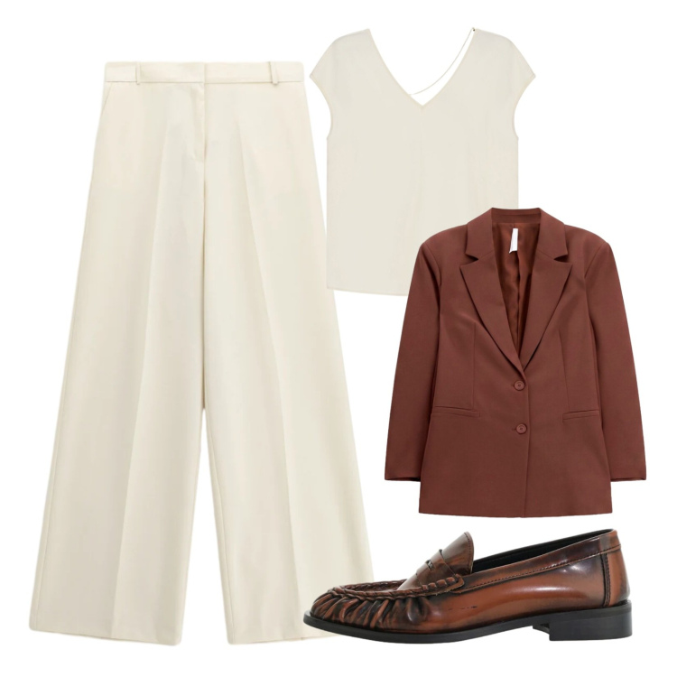 Outfit donna - Collezione Imperial is back. Stile Mannish per Ufficio. Abbinamento con blazer, mocassini, pantaloni a palazzo, t-shirt.