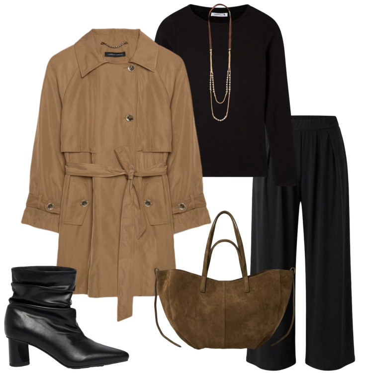 Outfit donna - Trench leggero. Stile Casual chic per Tutti i giorni. Abbinamento con stivaletti, pantaloni, t-shirt, trench, collane, borse tote.