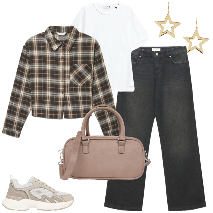 Outfit donna - Weekend fuori porta. Stile Casual chic per Tutti i giorni. Abbinamento con sneakers, borse a tracolla, camicie, jeans, t-shirt, orecchini.
