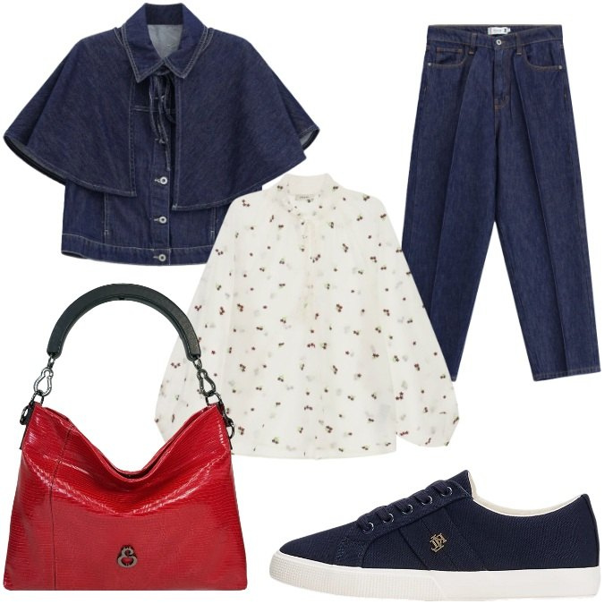 Outfit donna - Completo jeans. Stile Sporty chic per Tutti i giorni. Abbinamento con jeans, blazer, bluse, borse a mano, sneakers.