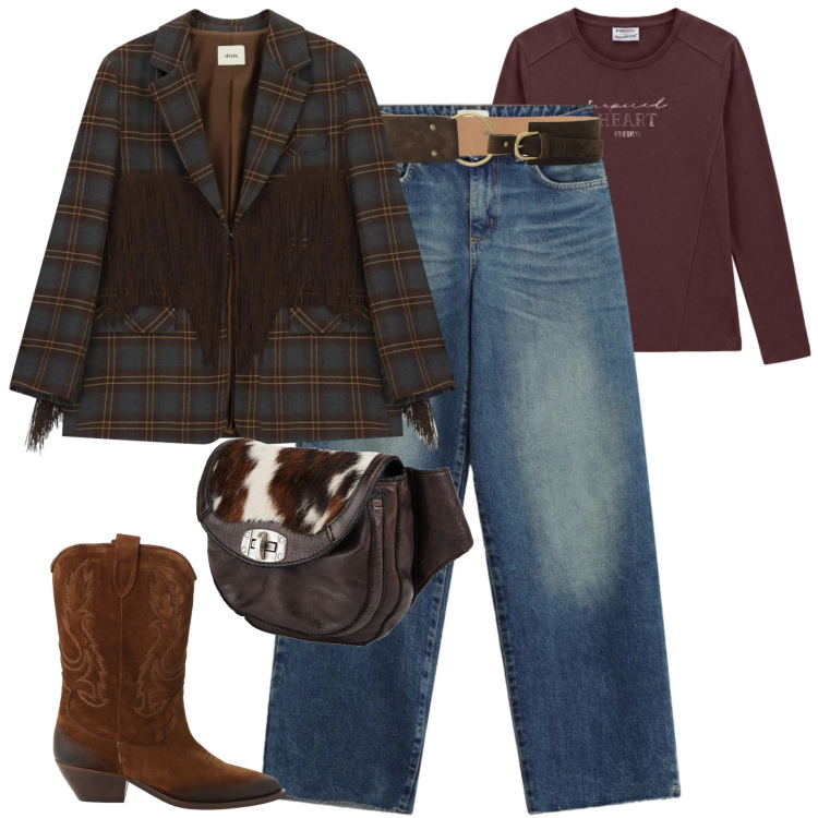 Outfit donna - Fall. Stile Chic per Tutti i giorni. Abbinamento con marsupi, t-shirt, blazer, stivaletti texani, cinture, jeans.