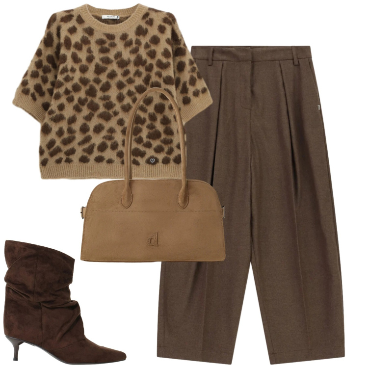 Outfit donna - Please FW2026. Stile Casual chic per Tutti i giorni. Abbinamento con stivali, maglieria, pantaloni a palazzo, borse a spalla.