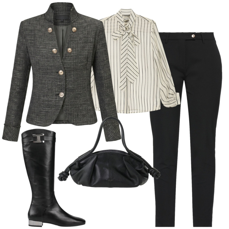 Outfit donna - La giacca strutturata. Stile Casual chic per Tutti i giorni. Abbinamento con pantaloni, stivali, camicie, borse a mano, blazer.