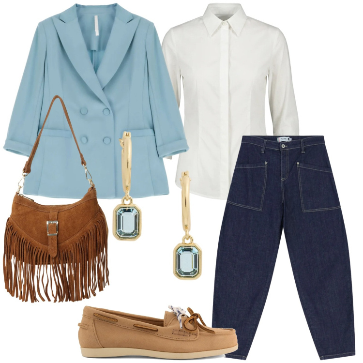 Outfit donna - Dark denim - Il jeans per l\'autunno. Stile Glamour per Tutti i giorni. Abbinamento con blazer, borse a spalla, camicie, jeans, orecchini, mocassini.