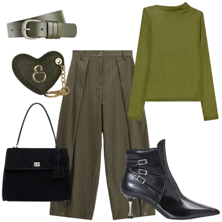Outfit donna - Green. Stile Chic per Ufficio. Abbinamento con cinture, pantaloni a palazzo, t-shirt, stivaletti, borse a mano, portachiavi.