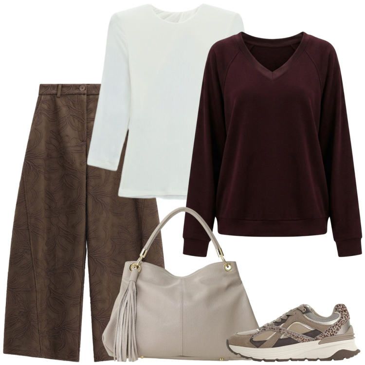 Outfit donna - Basic. Stile Basic per Tutti i giorni. Abbinamento con sneakers, pantaloni a palazzo, felpe, t-shirt, borse a spalla.